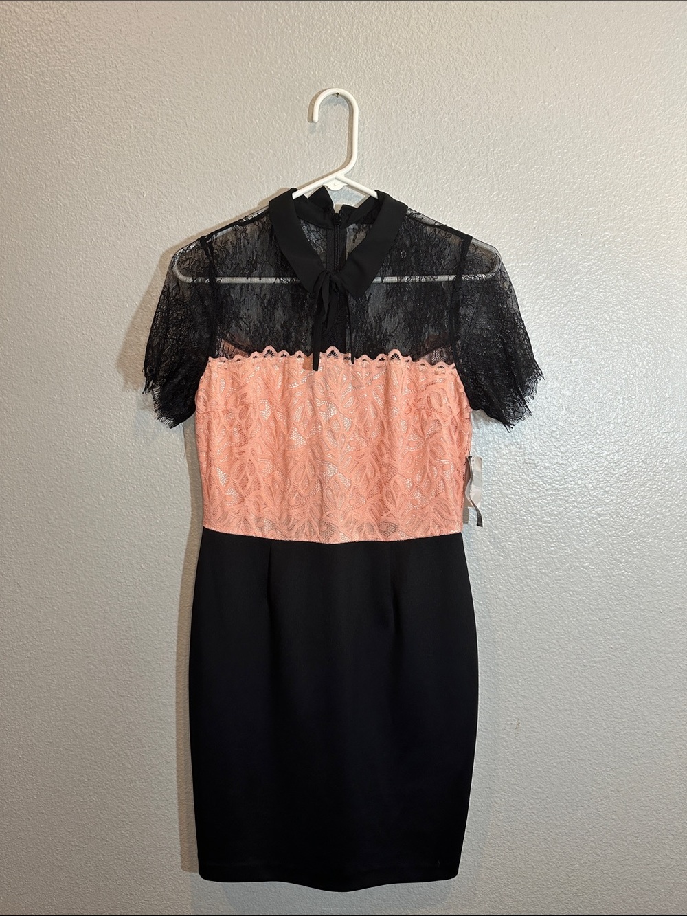 New York & Company Black and Peach Lace Midi Dress with Tie Neck